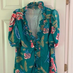 Floral turquoise short sleeve blouse